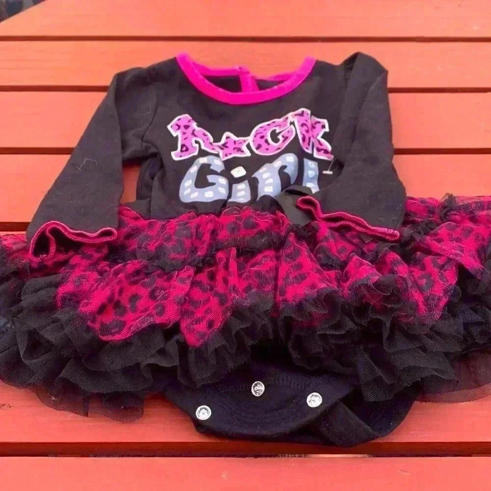 Baby Glam party dress with  under skirt and ruffles, long sleeves w black bow